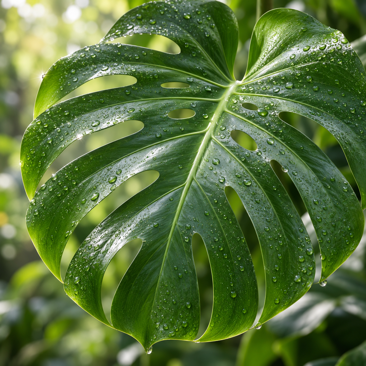 Dew-covered Monstera leaf