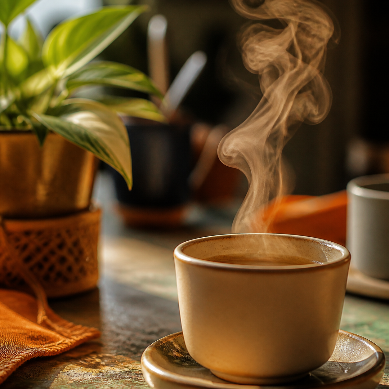 Steam swirls above a fresh coffee